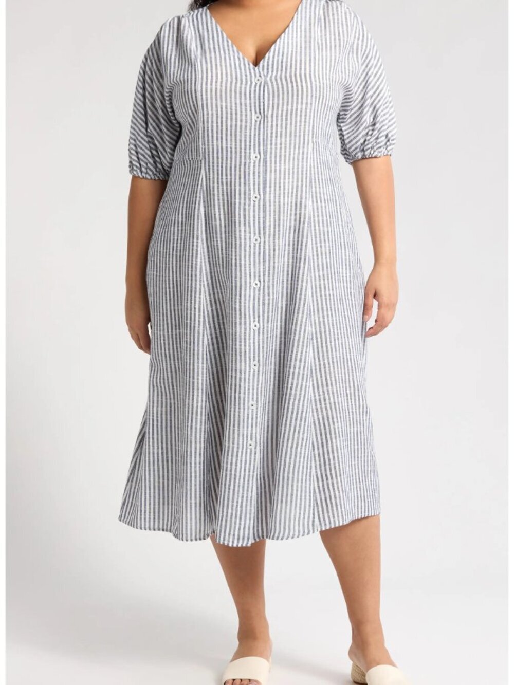 NWT Max Studio Blue Pinstripe Linen Blend Button Front Midi Dress Plus 2X